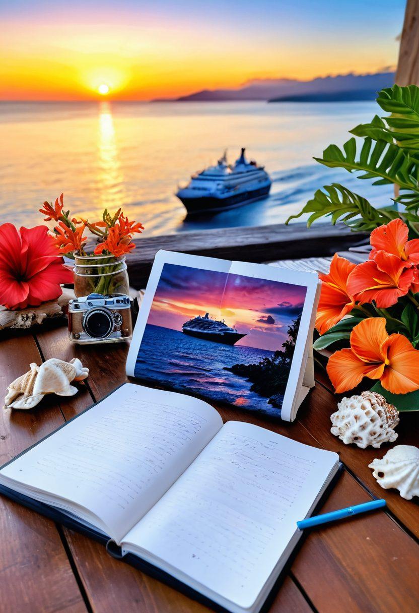 A beautiful open travel journal lying on a wooden deck, surrounded by vibrant seashells and tropical flowers. In the background, a majestic cruise ship sails against a stunning sunset, showcasing a blend of adventure and tranquility. Delicate sketches of landmarks and waves pepper the pages of the journal, inviting readers to capture their own experiences. The scene should radiate warmth and inspiration, with rich colors and an inviting atmosphere. super-realistic. vibrant colors. sunset backdrop.