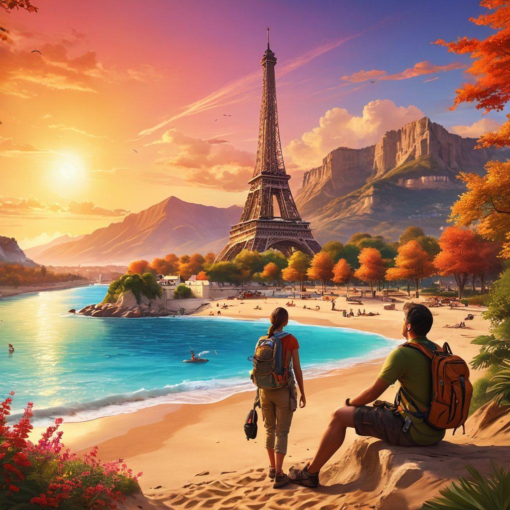 A picturesque landscape featuring iconic travel destinations like the Eiffel Tower, sandy beaches, and lush mountains, interspersed with adventurous excursions like hiking and scuba diving. Include a vibrant sunset in the background, with a traveling couple looking at a map, showcasing a sense of exploration. The composition should evoke wanderlust and excitement. vibrant colors. super-realistic.