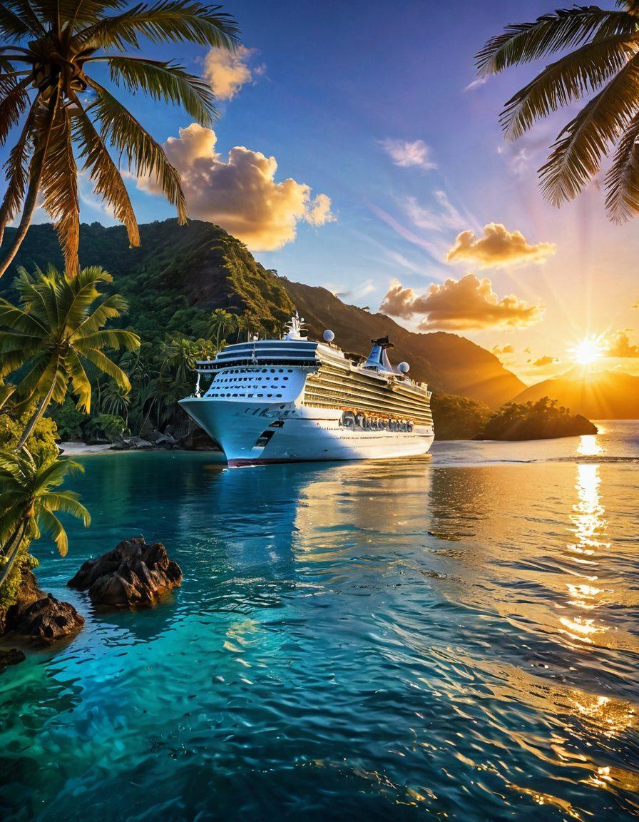 A vivid scene of a majestic cruise ship gliding through sparkling blue waters, surrounded by tropical islands and palm trees. Enthusiastic travelers are seen exploring the ship and engaging in fun excursions like snorkeling and zip-lining. The sun is setting in the background, casting a warm golden glow and creating a sense of adventure. The composition radiates excitement and wanderlust. super-realistic. vibrant colors. sunset backdrop.